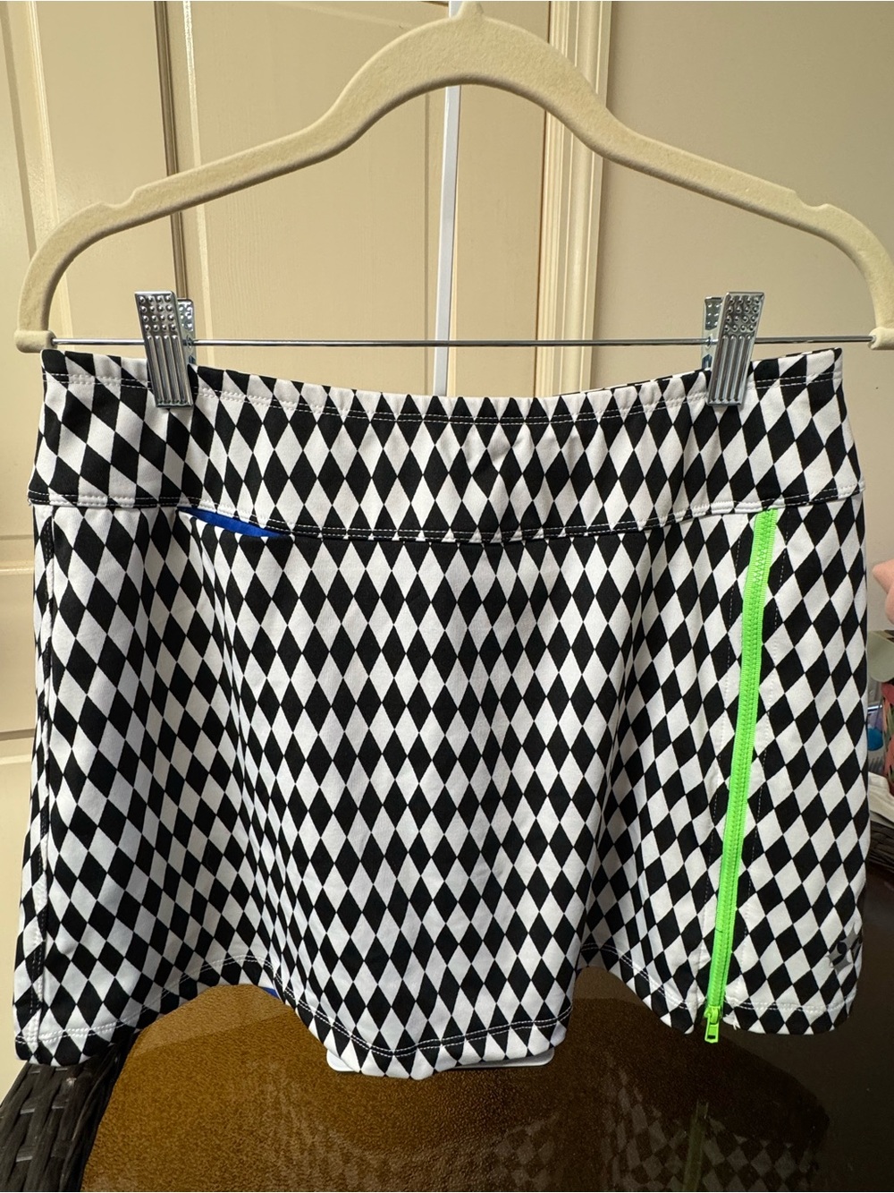 Jofit Black & White Diamond-Print Skater Skirt with Neon Green Zip